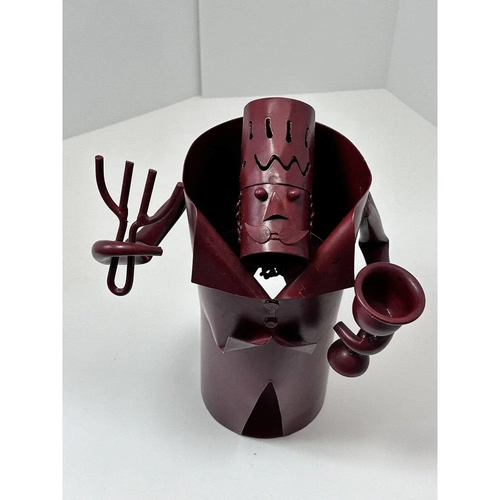 Metal Wine Bottle Holder Waiter Wearing Hat‎ & Tux Ready to Serve , Deep Maroon